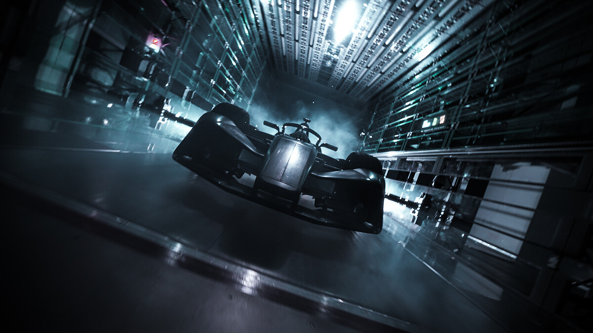 Formula E GEN4 otomobilinin rüzgar tünelindeki karanlık çekimi