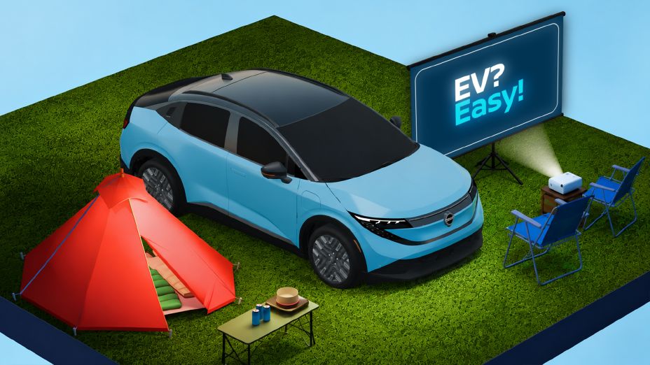 Elektrikli Nissan modelinin dış mekân kullanımını gösteren tanıtım görseli