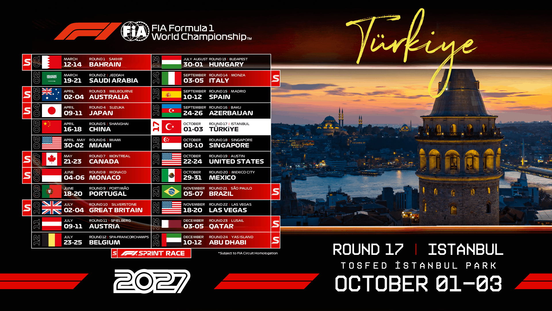 2027 Formula 1 takviminde Türkiye ayağının yeri ve tarihi