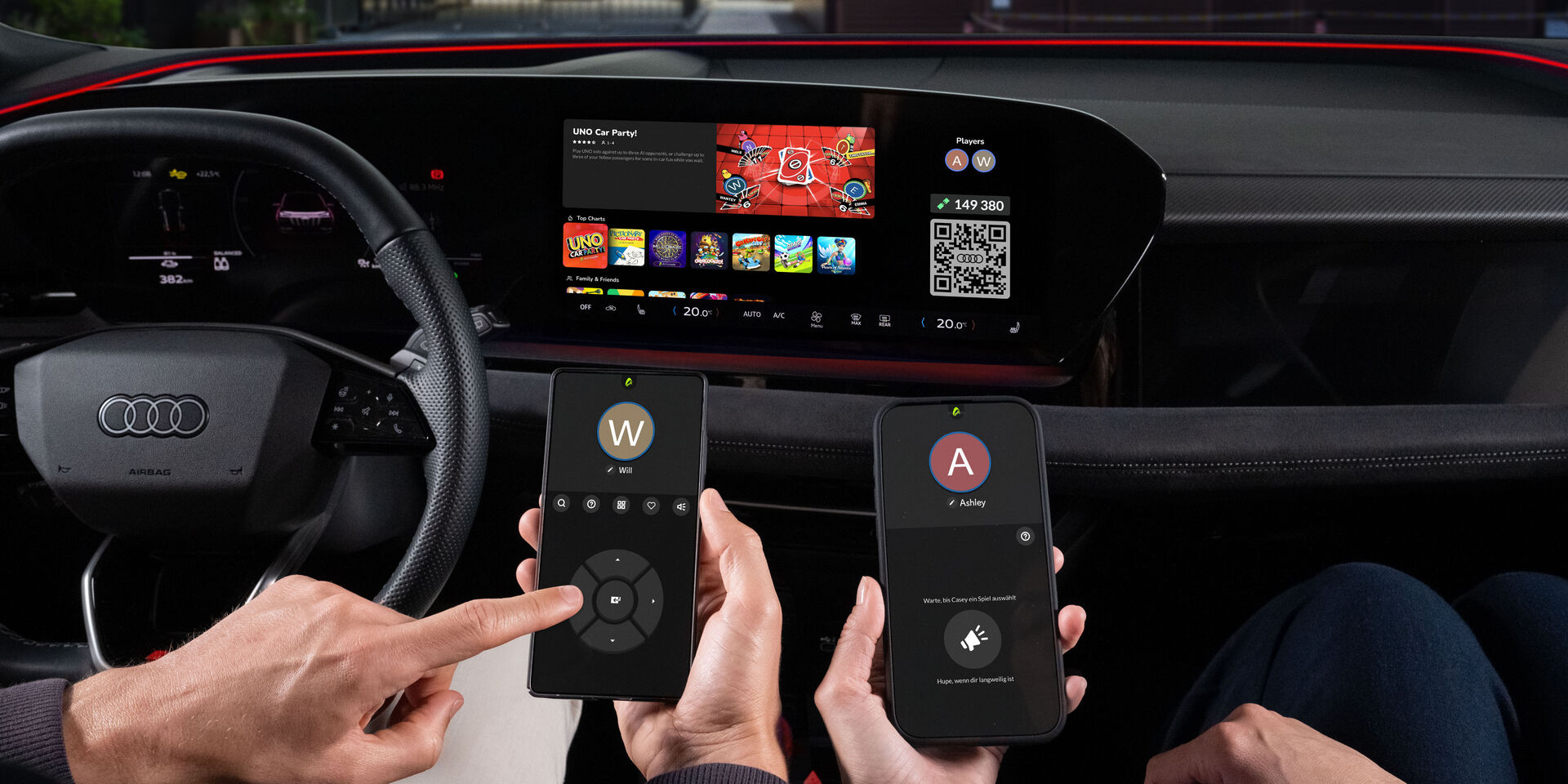 Audi Spotify Jam özelliğinin iki telefon ve otomobil ekranındaki QR kodla kullanımı