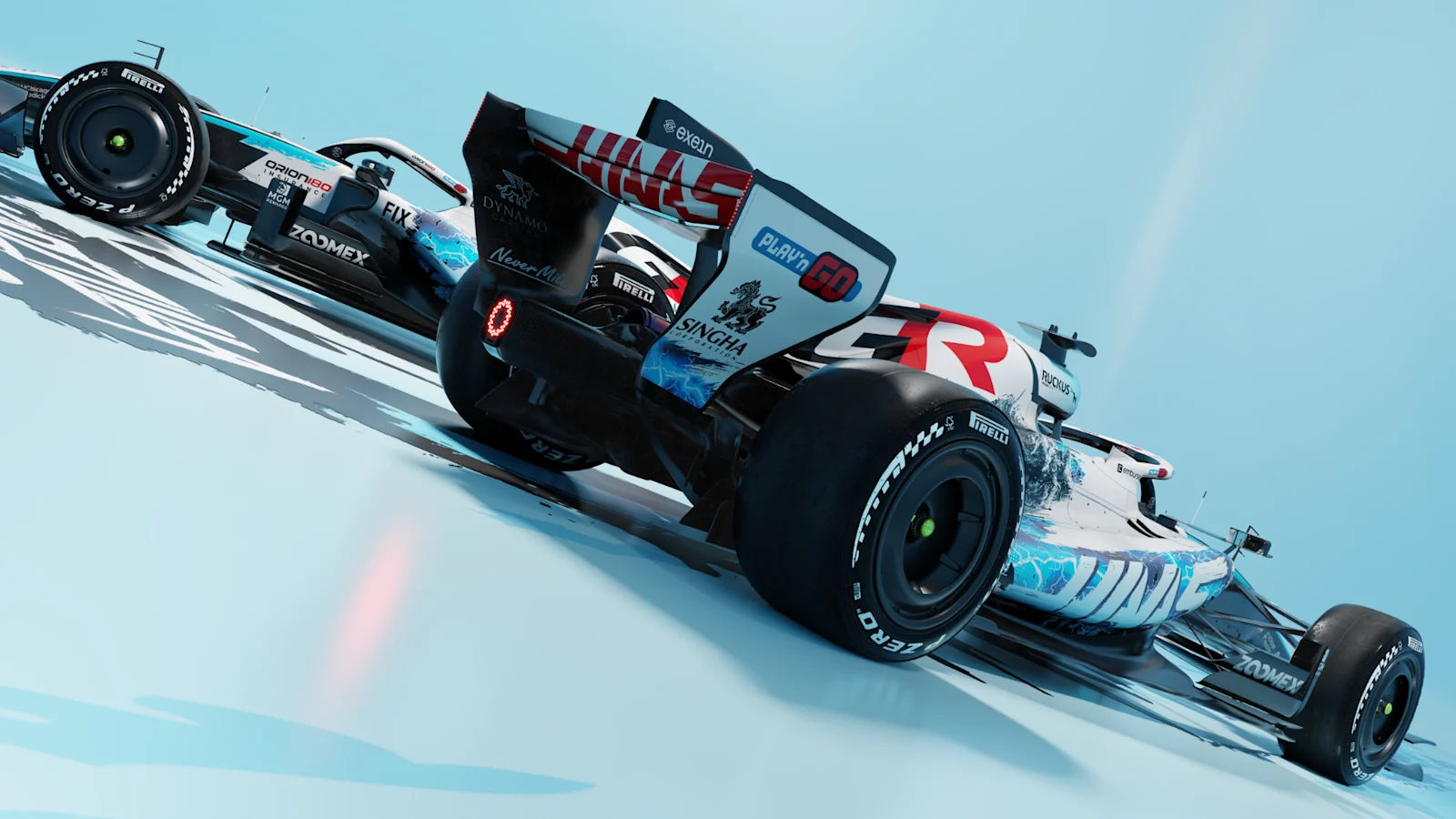 Haas Godzilla Minus Zero boyasıyla arkadan ve yandan görünen VF-26, arka kanatta takım adı