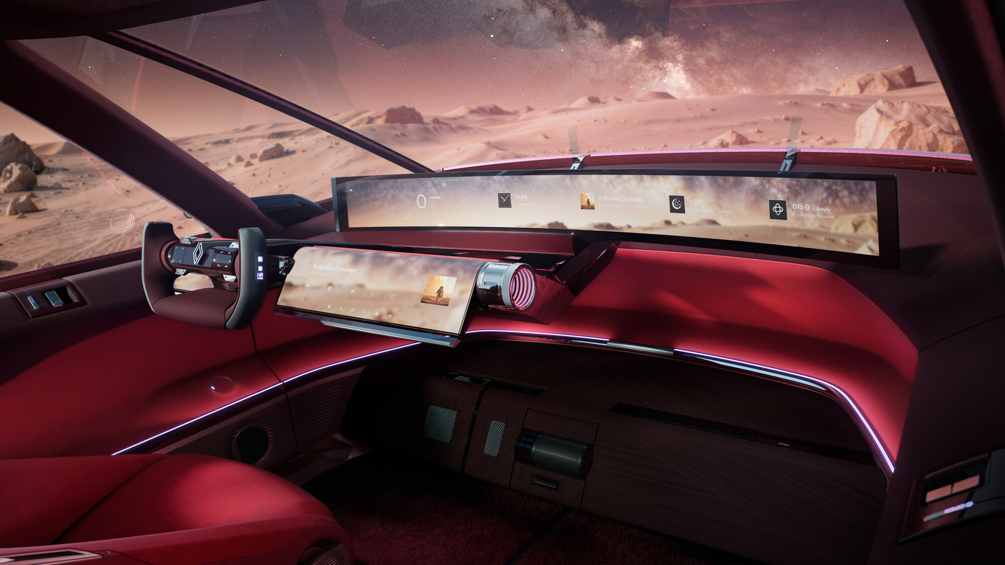 Renault E-Space Concept içinde direksiyonun önünde yer alan geniş OpenR Panorama ekranı